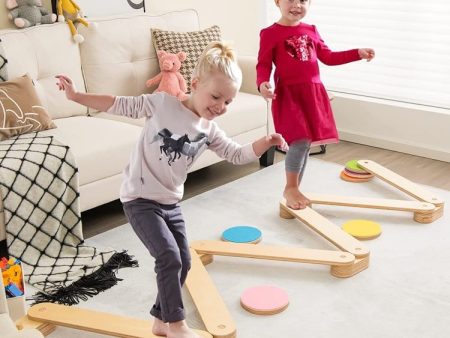 12-Piece Kids Wooden Balance Beam with Colorful Stepping Stones For Sale