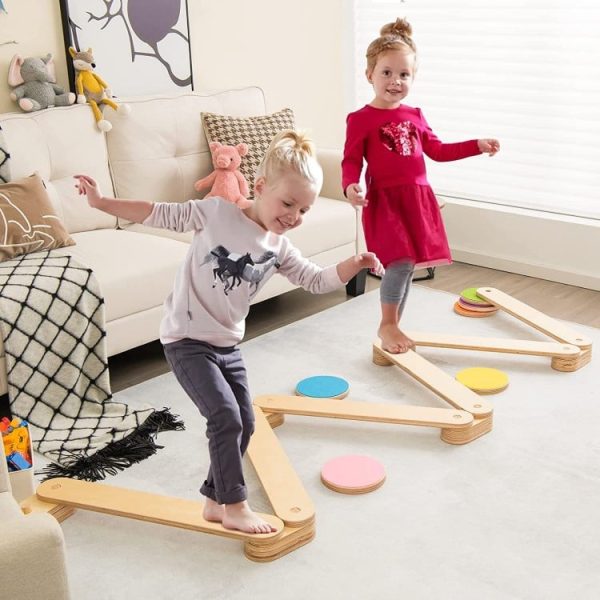 12-Piece Kids Wooden Balance Beam with Colorful Stepping Stones For Sale