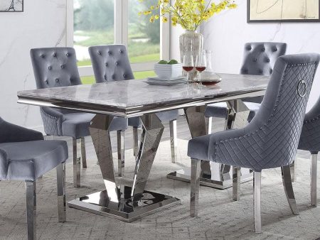 Satinka Light Gray Printed Faux Marble & Mirrored Silver Finish Dining Room Set Online Sale