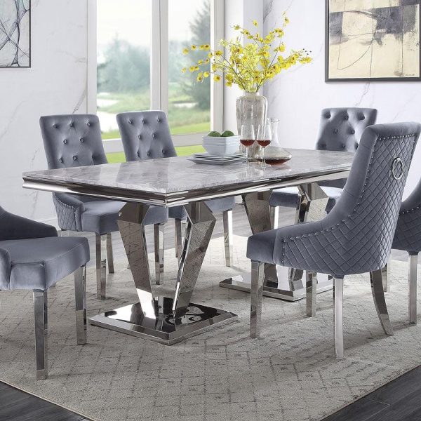 Satinka Light Gray Printed Faux Marble & Mirrored Silver Finish Dining Room Set Online Sale