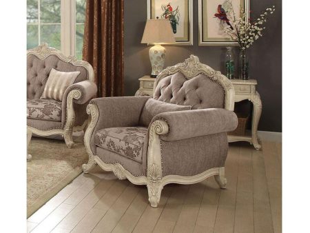 Acme Ragenardus Chair with 1 Pillow in Gray Fabric & Antique White 56022 For Sale