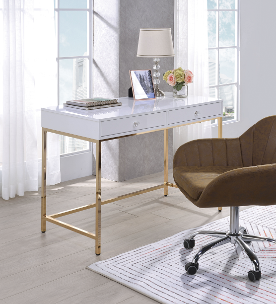 Ottey White High Gloss & Gold Desk Online Sale