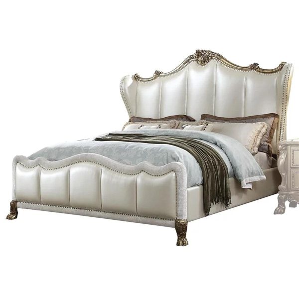 Acme Furniture Dresden II King Bed in Pearl White PU & Gold Patina 27817EK For Sale