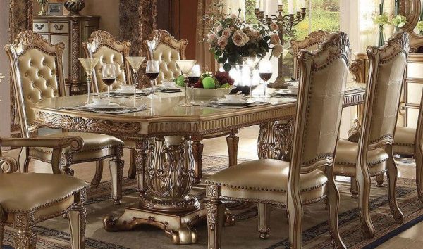 Acme Vendome Double Pedestal Dining Table in Gold Patina 63000 For Sale